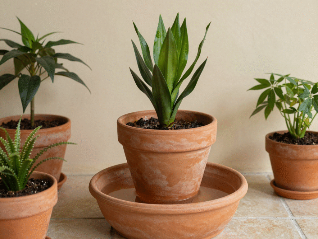 Pot de plante verte trempant dans une bassine d'eau peu profonde pour un arrosage par le bas