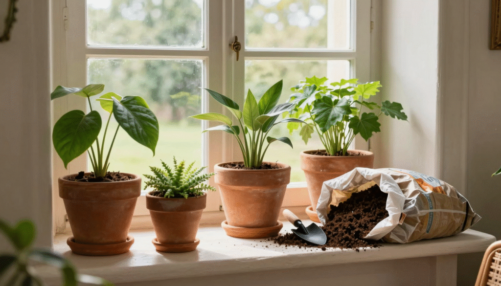 Plantes d'intérieur en pots de terre cuite sur un rebord de fenêtre, avec un sac de terreau ouvert et une petite pelle