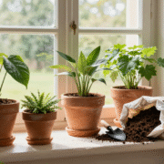 Plantes d'intérieur en pots de terre cuite sur un rebord de fenêtre, avec un sac de terreau ouvert et une petite pelle