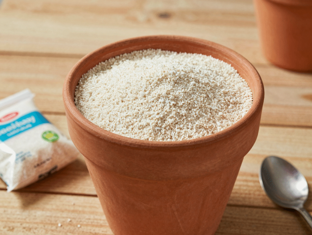 Couche de sable grossier fraîchement étalée à la surface du terreau d'une plante en pot