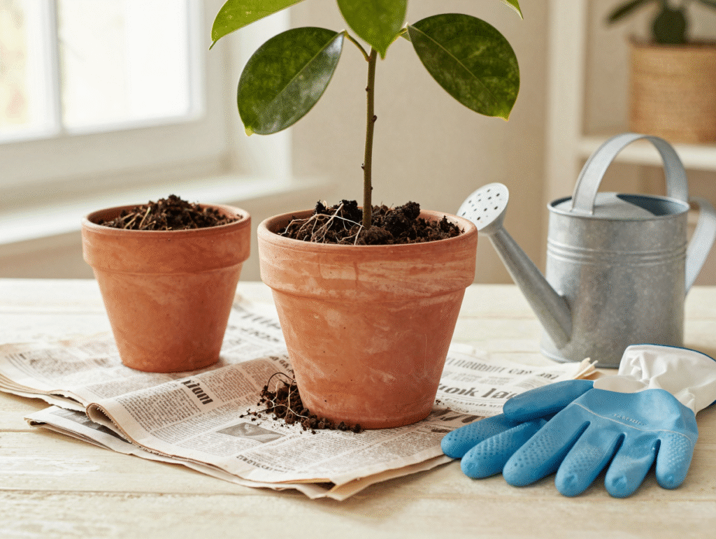 Plante dépotée aux racines rincées, prête à être rempotée dans un terreau neuf et un pot propre