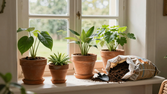 Plantes d'intérieur en pots de terre cuite sur un rebord de fenêtre, avec un sac de terreau ouvert et une petite pelle