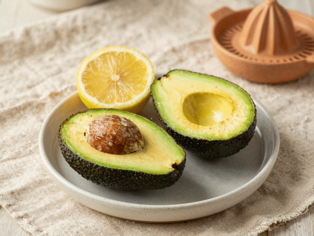 Demi-avocat avec son noyau à côté d'un demi-citron, prêt à être citronné pour éviter le noircissement