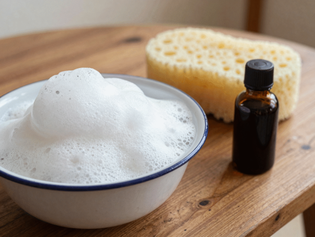 Mousse de savon dense dans un bol émaillé avec une éponge naturelle
