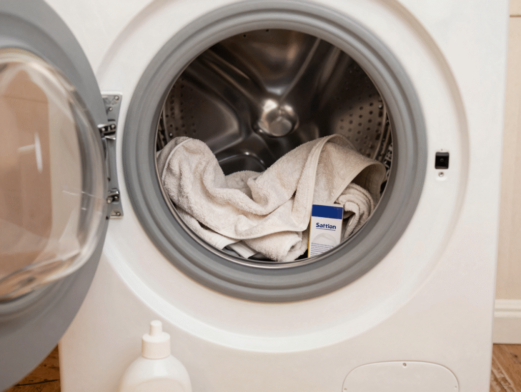 Rideau de douche et serviettes éponge dans le tambour d'un lave-linge, bicarbonate et vinaigre à côté