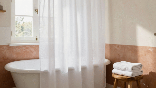 Salle de bains claire avec un rideau de douche blanc propre, tiré et déployé au-dessus de la baignoire