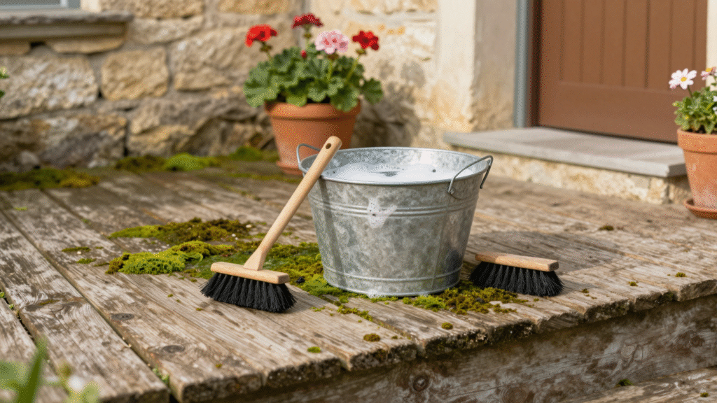 Terrasse en bois verdie avec un seau en zinc et un balai-brosse posés sur les lames, prêts pour le nettoyage