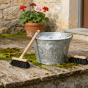 Terrasse en bois verdie avec un seau en zinc et un balai-brosse posés sur les lames, prêts pour le nettoyage