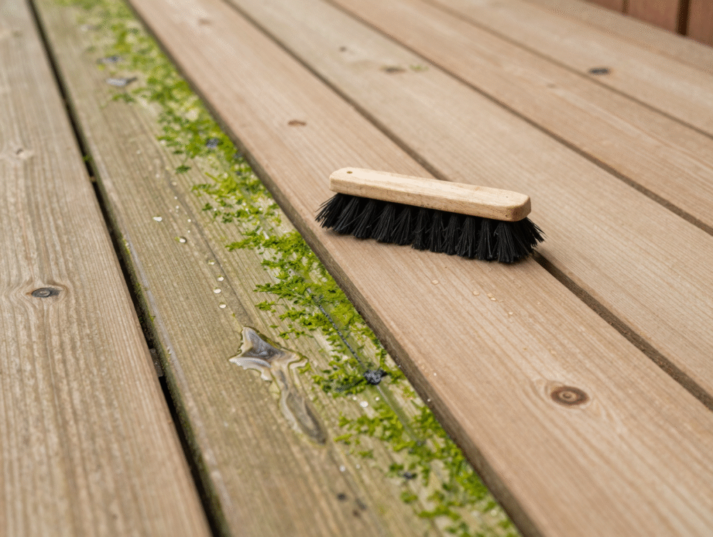 Lames de terrasse en bois à moitié nettoyées, montrant le contraste entre la partie verdie et la partie propre