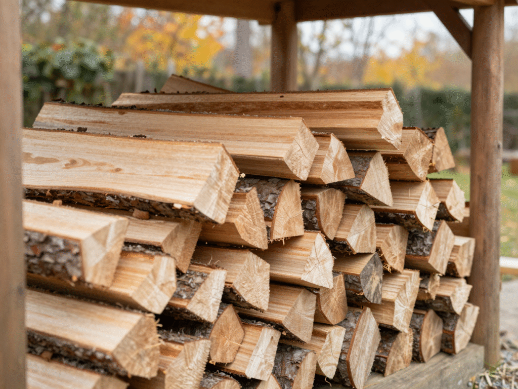 Bûches de bois dur fendues et bien sèches, empilées sous un abri de jardin