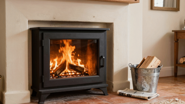 Vitre d'insert parfaitement transparente devant les flammes, seau de cendre et journal posés sur l'âtre