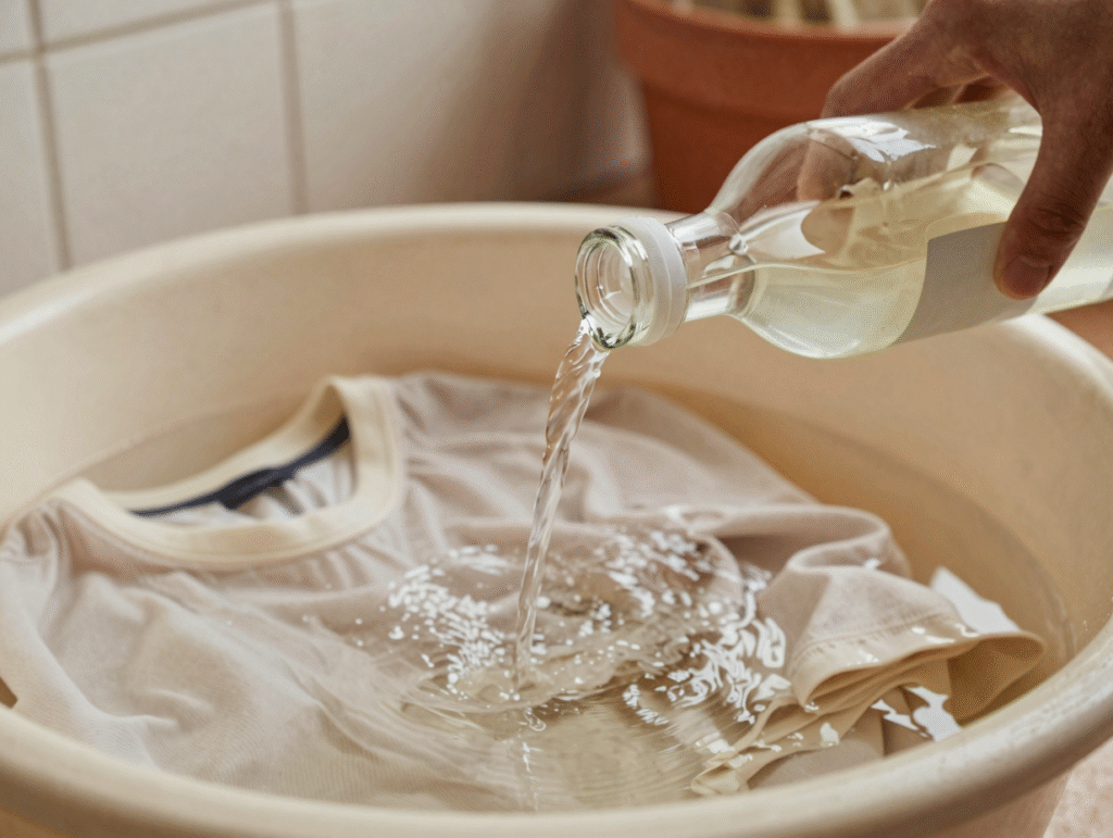 Vinaigre blanc versé dans une bassine d'eau où trempent des maillots clairs