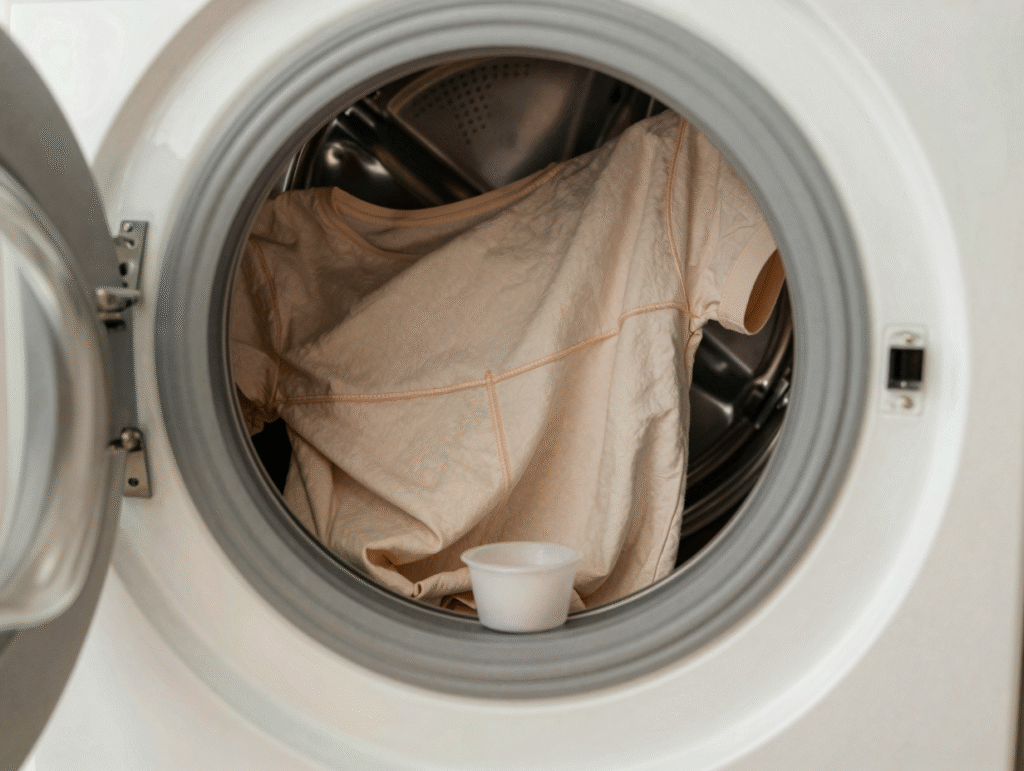 Tee-shirt retourné sur l'envers, déposé dans le tambour d'un lave-linge