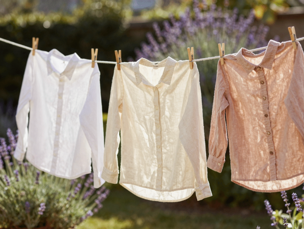 Chemises claires séchant au soleil sur un fil à linge dans un jardin