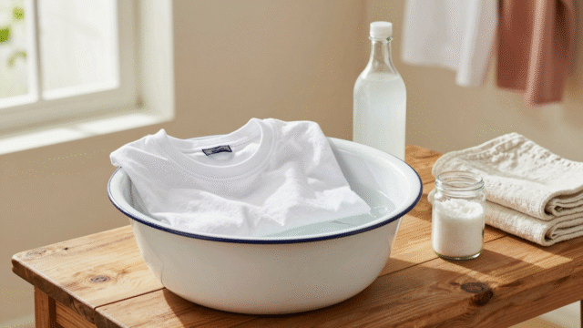 Tee-shirts en coton trempant dans une bassine émaillée, avec vinaigre blanc et bicarbonate posés à côté
