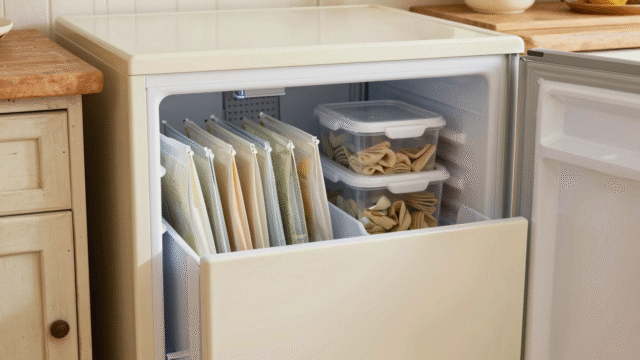 Congélateur ouvert aux tiroirs bien rangés, sachets congelés à plat classés debout