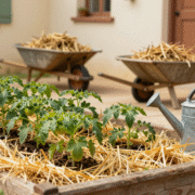 Potager paillé de paille dorée autour de jeunes pieds de tomates, brouette de tonte séchée derrière