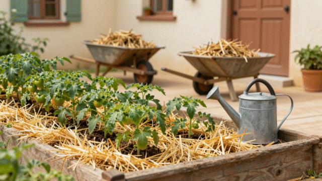 Potager paillé de paille dorée autour de jeunes pieds de tomates, brouette de tonte séchée derrière
