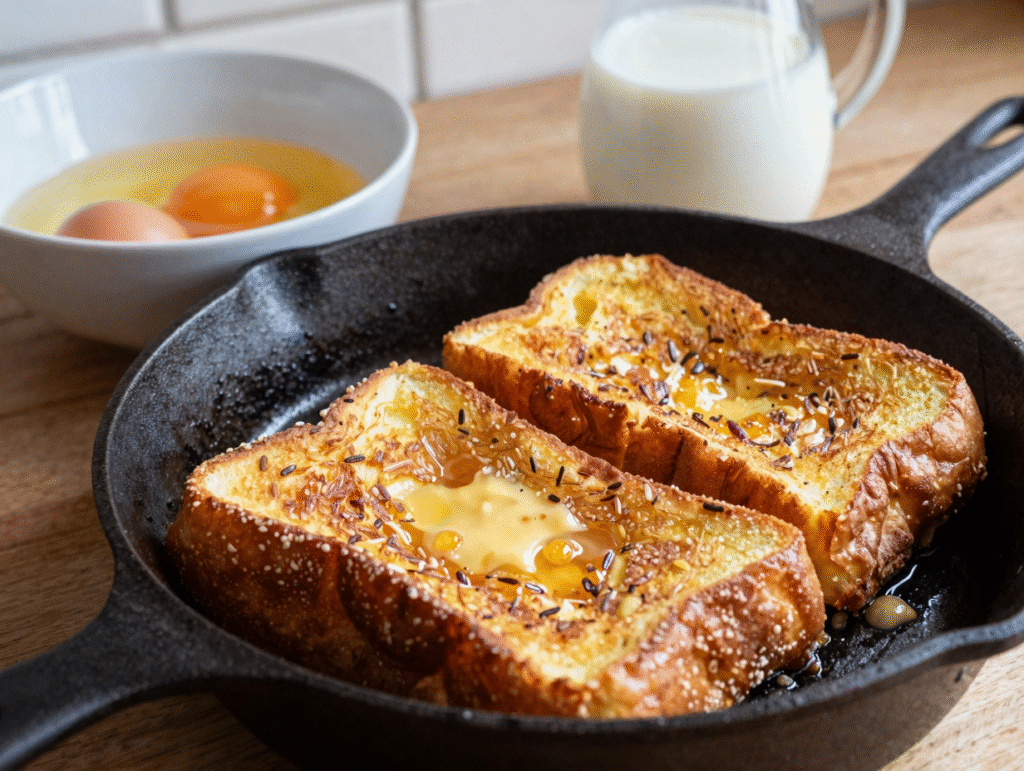 Tranches de pain perdu dorées cuisant au beurre dans une poêle en fonte