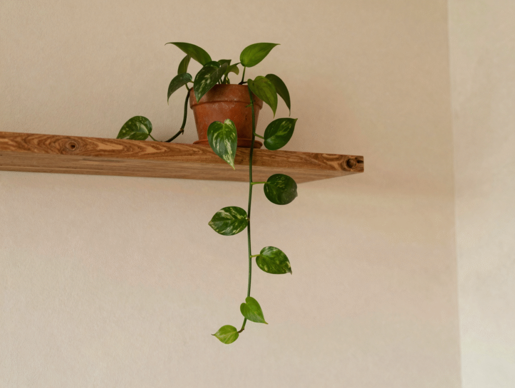 Pothos posé sur une étagère, longues tiges panachées retombant le long du mur