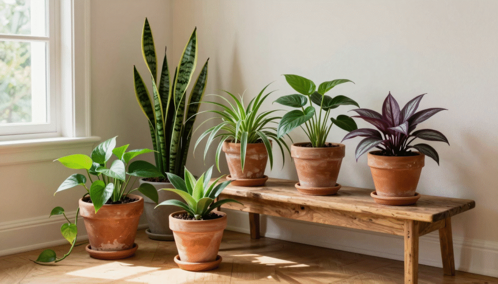 Cinq plantes d'intérieur faciles réunies dans un coin de salon lumineux, en pots de terre cuite