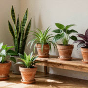Cinq plantes d'intérieur faciles réunies dans un coin de salon lumineux, en pots de terre cuite