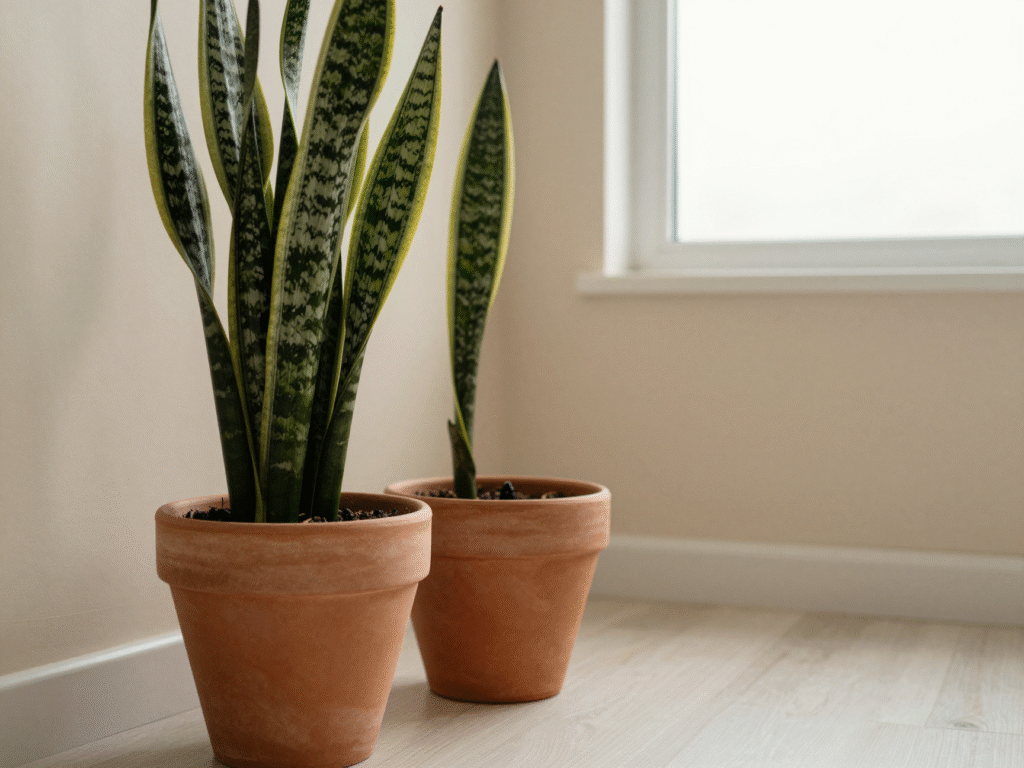 Sansevieria et zamioculcas côte à côte en pots de terre cuite près d'une fenêtre au nord
