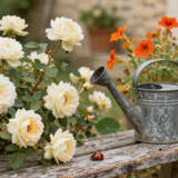 Rosiers de jardin avec une coccinelle sur une tige et un pulvérisateur de savon noir sur un banc