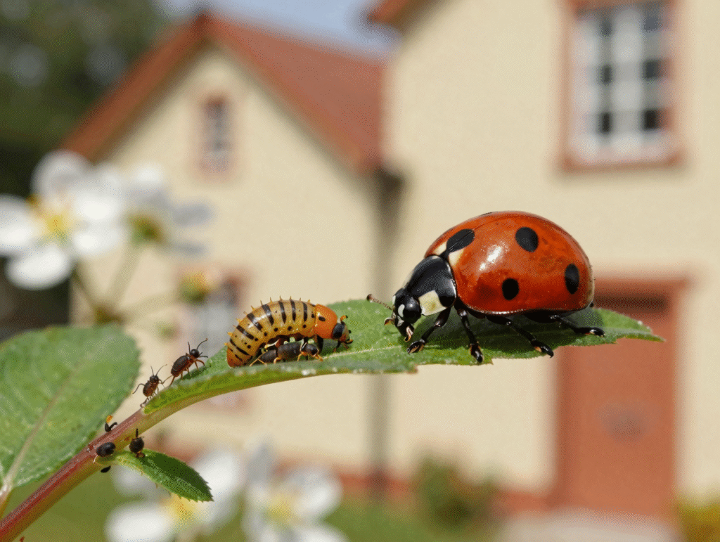 Coccinelle et sa larve sur une feuille, prédateurs naturels des pucerons