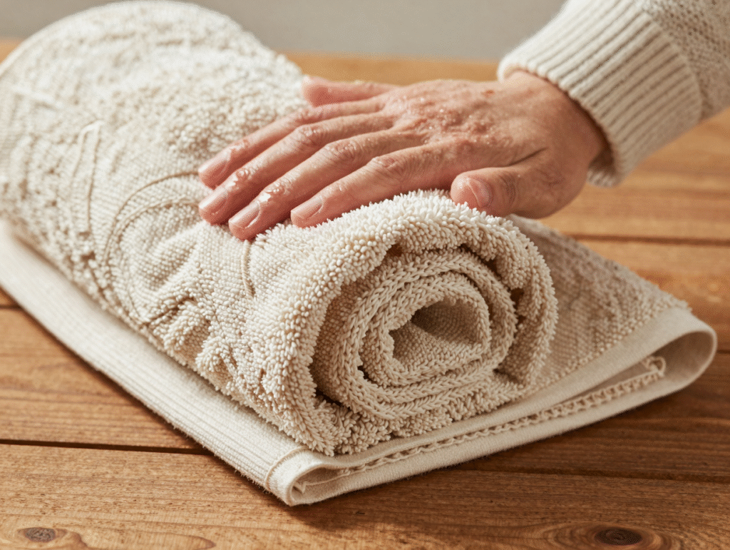 Pull en laine mouillé roulé dans une serviette éponge pour absorber l'eau sans tordre