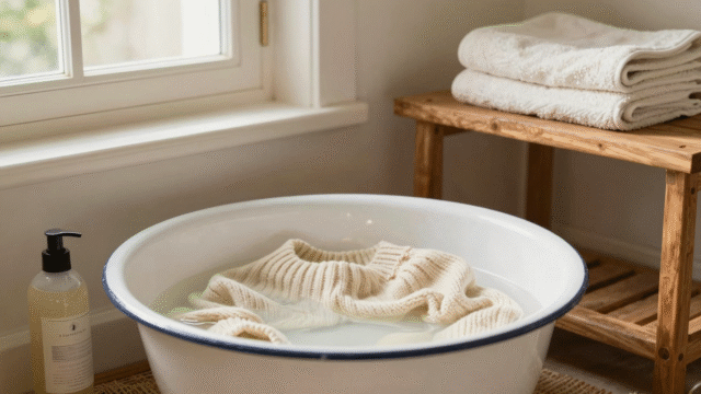 Pull en laine crème trempant dans une bassine émaillée avec de l'après-shampoing, serviettes pliées à côté