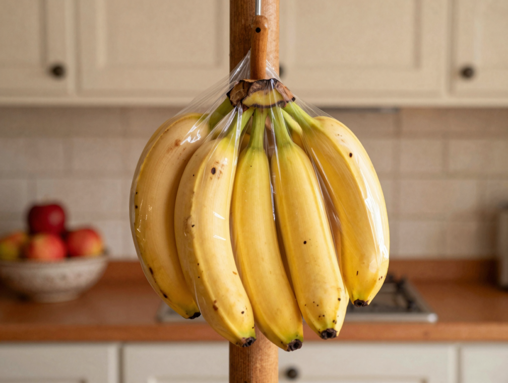 Bananes suspendues à un crochet en bois, chaque pédoncule entouré de film alimentaire, pommes tenues à distance
