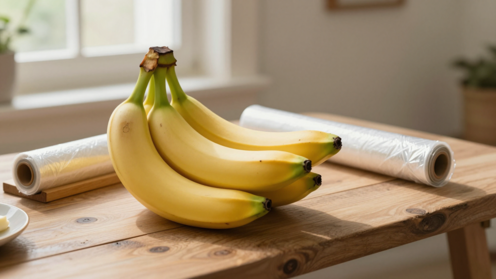 Bananes aux pointes encore vertes sur une table en bois, avec film alimentaire et crochet à bananes