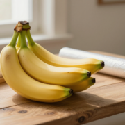 Bananes aux pointes encore vertes sur une table en bois, avec film alimentaire et crochet à bananes