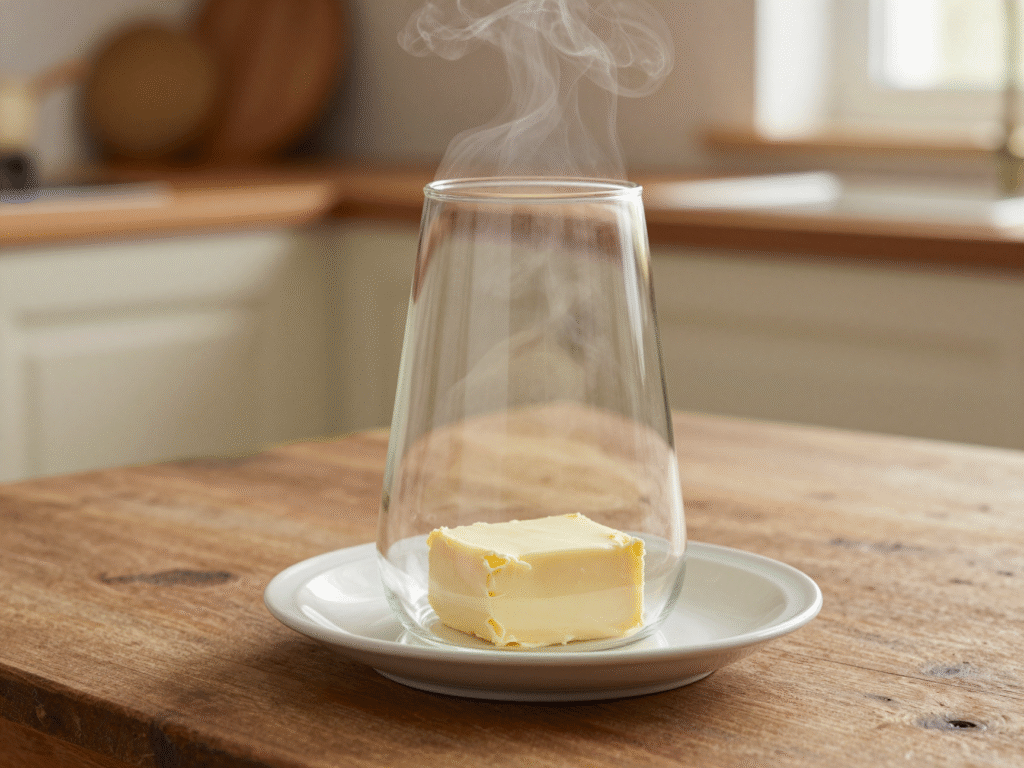 Verre chaud retourné sur une motte de beurre posée sur une assiette
