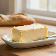 Plaquette de beurre sur un beurrier en céramique avec un couteau, dans une cuisine rustique