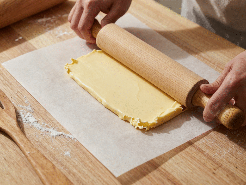 Beurre aplati en fine galette entre deux feuilles de papier cuisson avec un rouleau