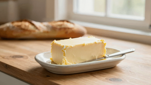 Plaquette de beurre sur un beurrier en céramique avec un couteau, dans une cuisine rustique