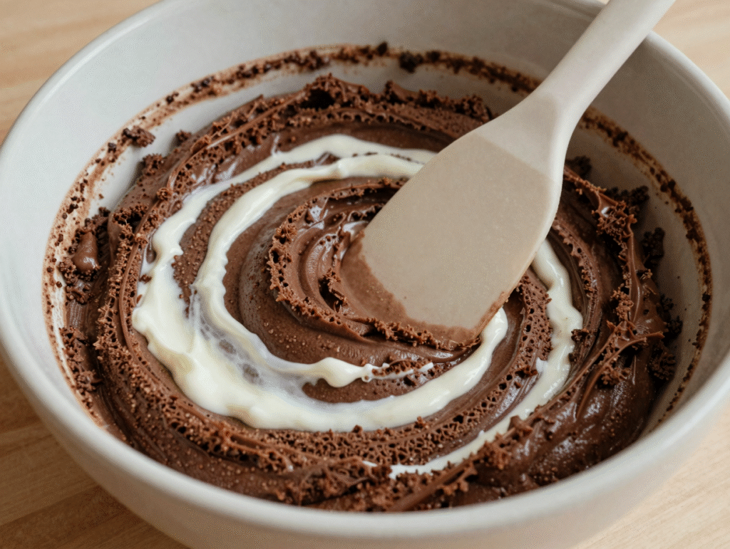 Blancs en neige incorporés en douceur à une pâte au chocolat, spatule posée sur le bol