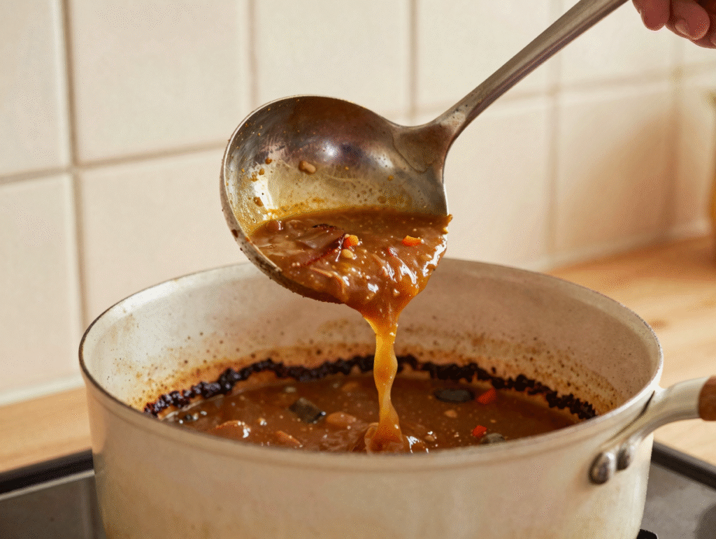 Louche prélevant le dessus d'un plat sans toucher le fond brûlé