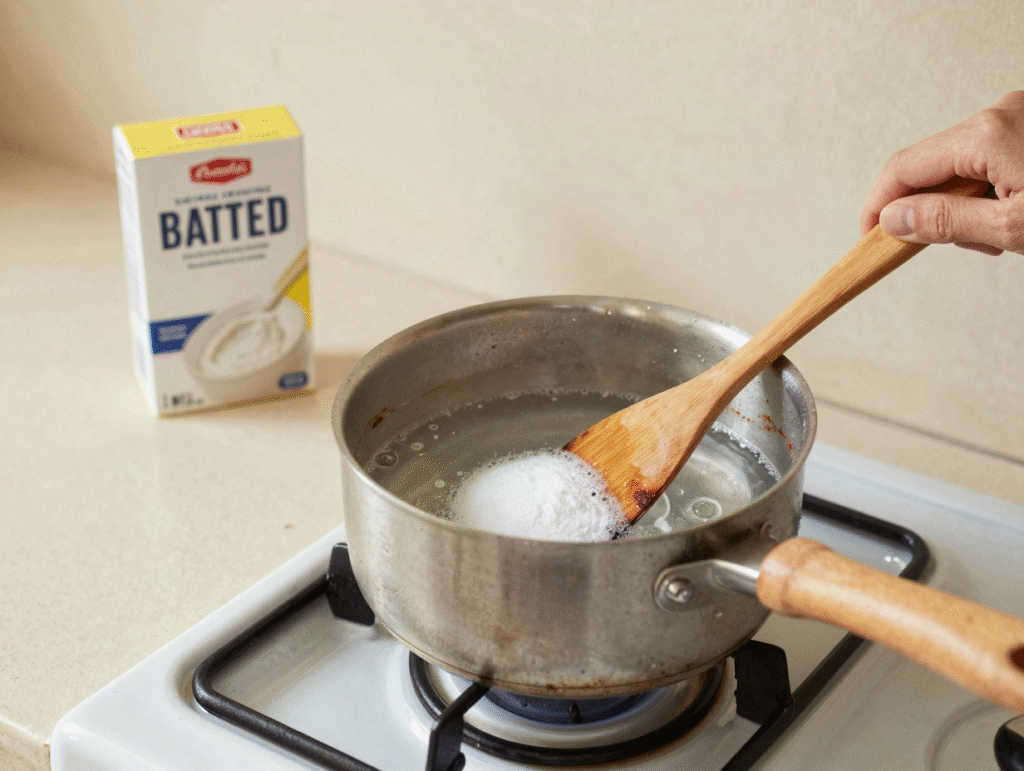 Casserole d'eau bicarbonatée en train de frémir pour décoller le brûlé