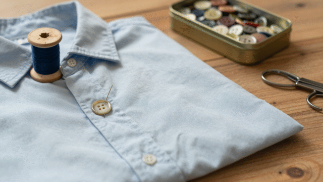 Aiguille et fil traversant un bouton posé sur une chemise en coton bleu clair, avec boîte à boutons ancienne