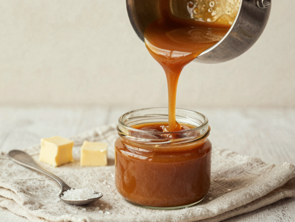Caramel au beurre salé versé en ruban dans un bocal en verre, beurre et fleur de sel à côté