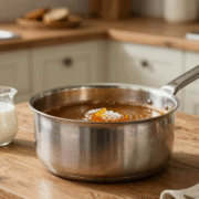 Casserole en inox remplie de caramel ambré sur une table en bois, avec sucre et pot de crème à côté