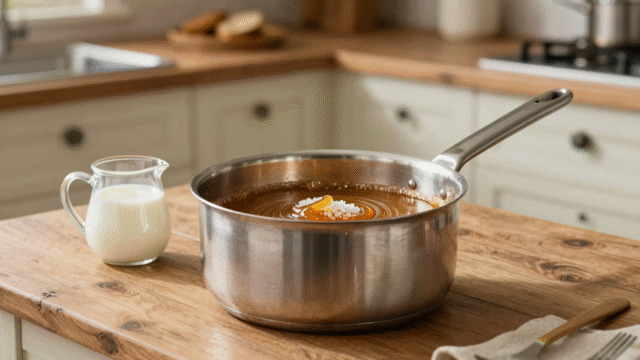 Casserole en inox remplie de caramel ambré sur une table en bois, avec sucre et pot de crème à côté
