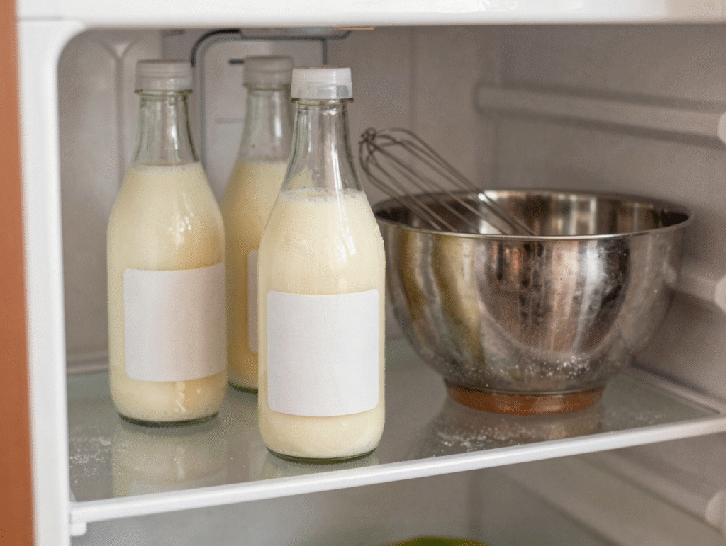 Crème entière au réfrigérateur, bol en inox et fouet placés au congélateur avant de monter la chantilly