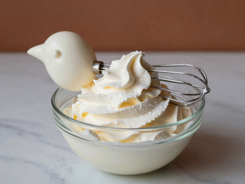 Bec d'oiseau de chantilly formé sur les fils du fouet, signe qu'elle est prête