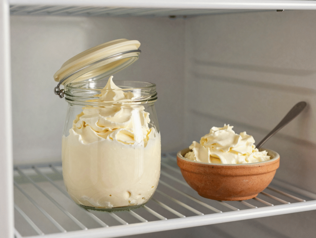 Chantilly au mascarpone conservée en boîte hermétique au réfrigérateur pour le lendemain