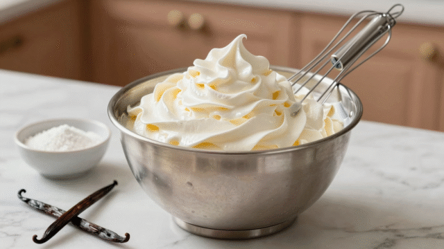 Chantilly ferme et brillante dans un bol en inox glacé, avec fouet, sucre glace et gousse de vanille