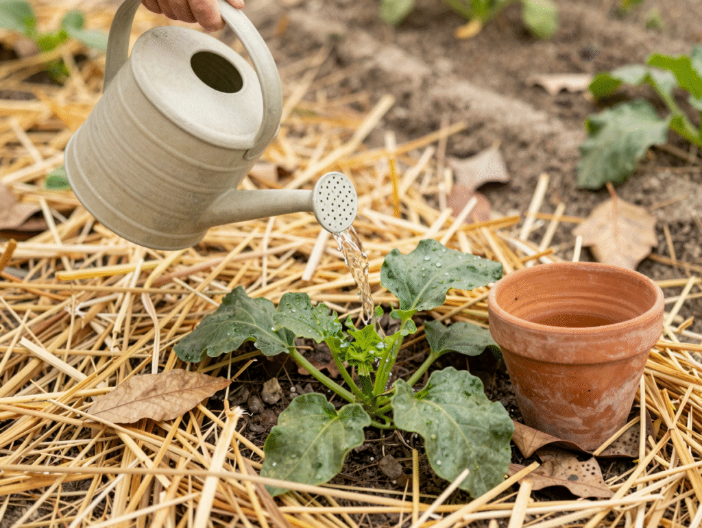 Arrosage au pied d'un jeune plant de courgette paillé, avec un pot en terre cuite enterré à côté